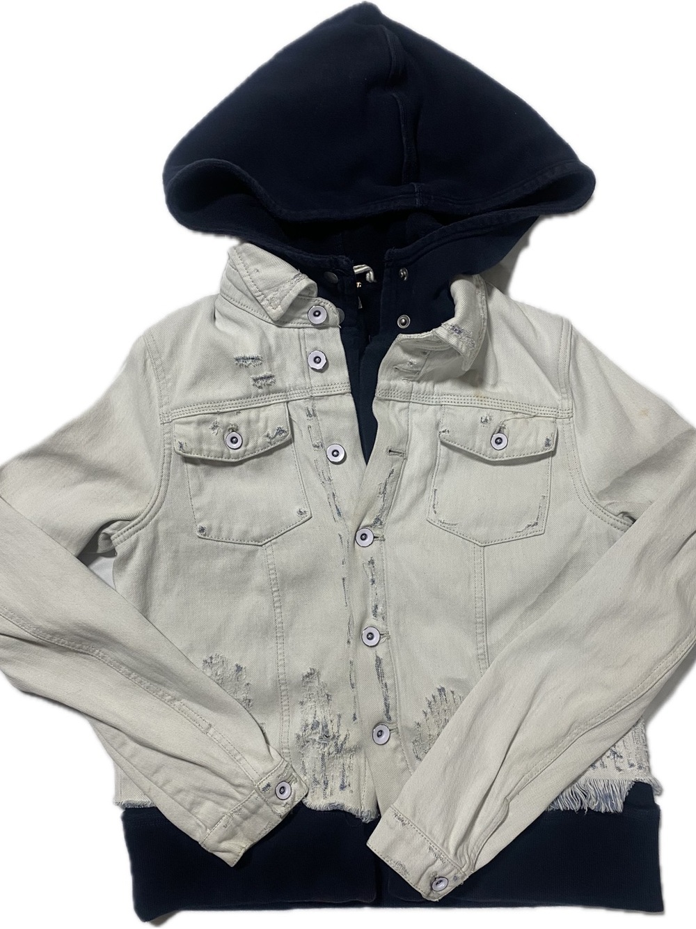 Free People Cream Distressed Denim Utility Jacket hooded layered